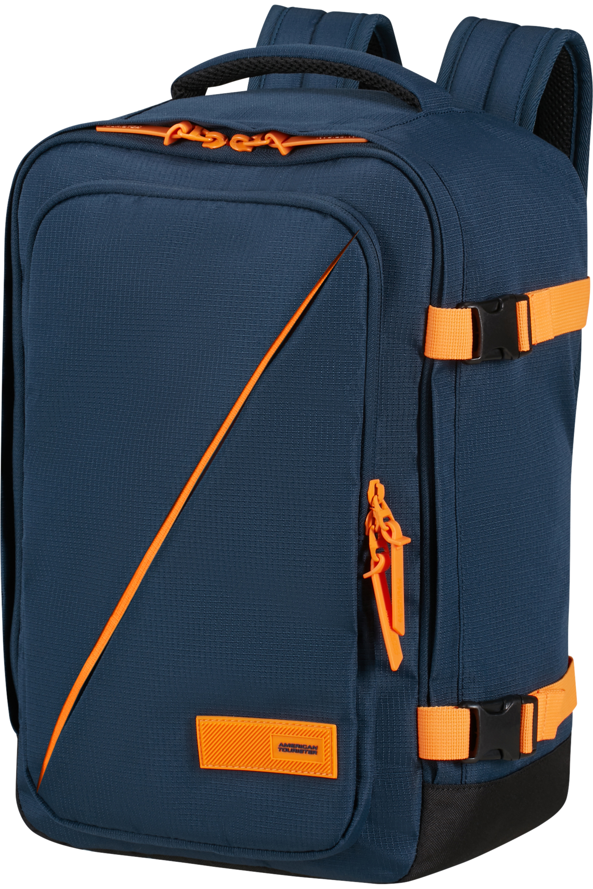 Egy sötétkék American Tourister hátizsák narancssárga díszítéssel és pántokkal.