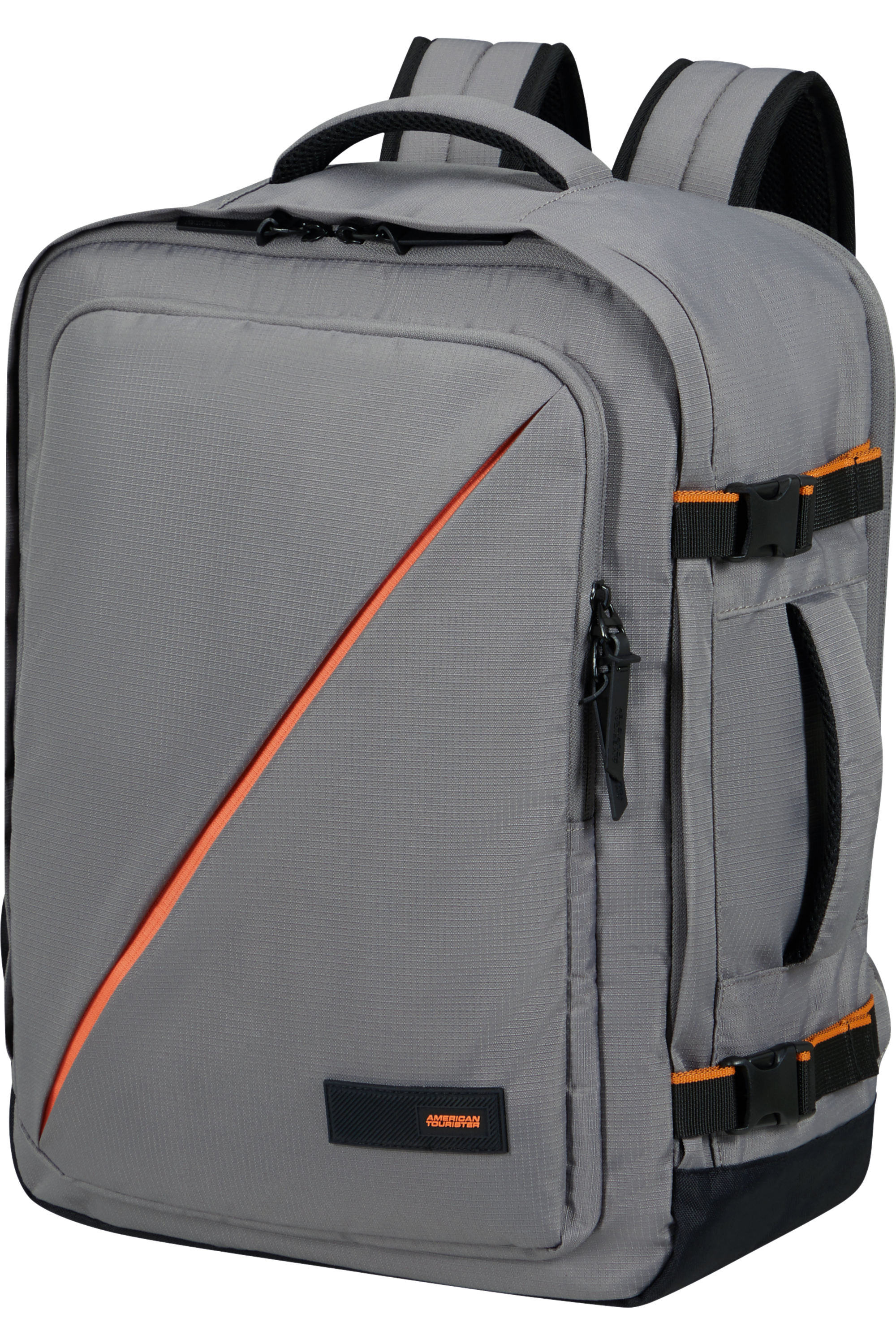 Szürke hátizsák narancssárga átlós csíkkal és American Tourister logóval.