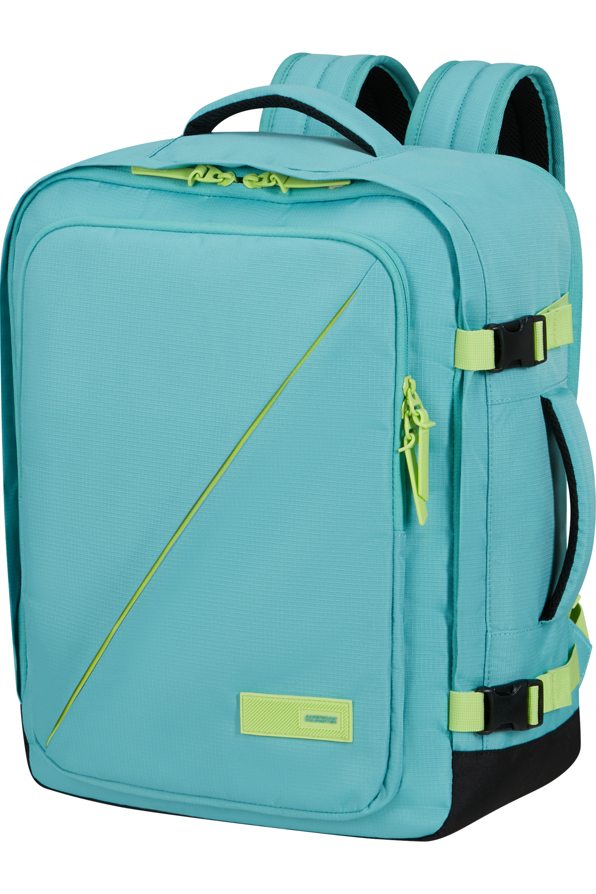 Kék-türkiz hátizsák lime zöld díszítéssel és fekete csatokkal, Samsonite logóval.