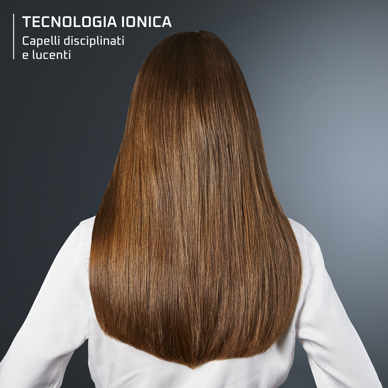 Schiena di donna con capelli lunghi, lisci e castani. Testo: 'TECNOLOGIA IONICA'.