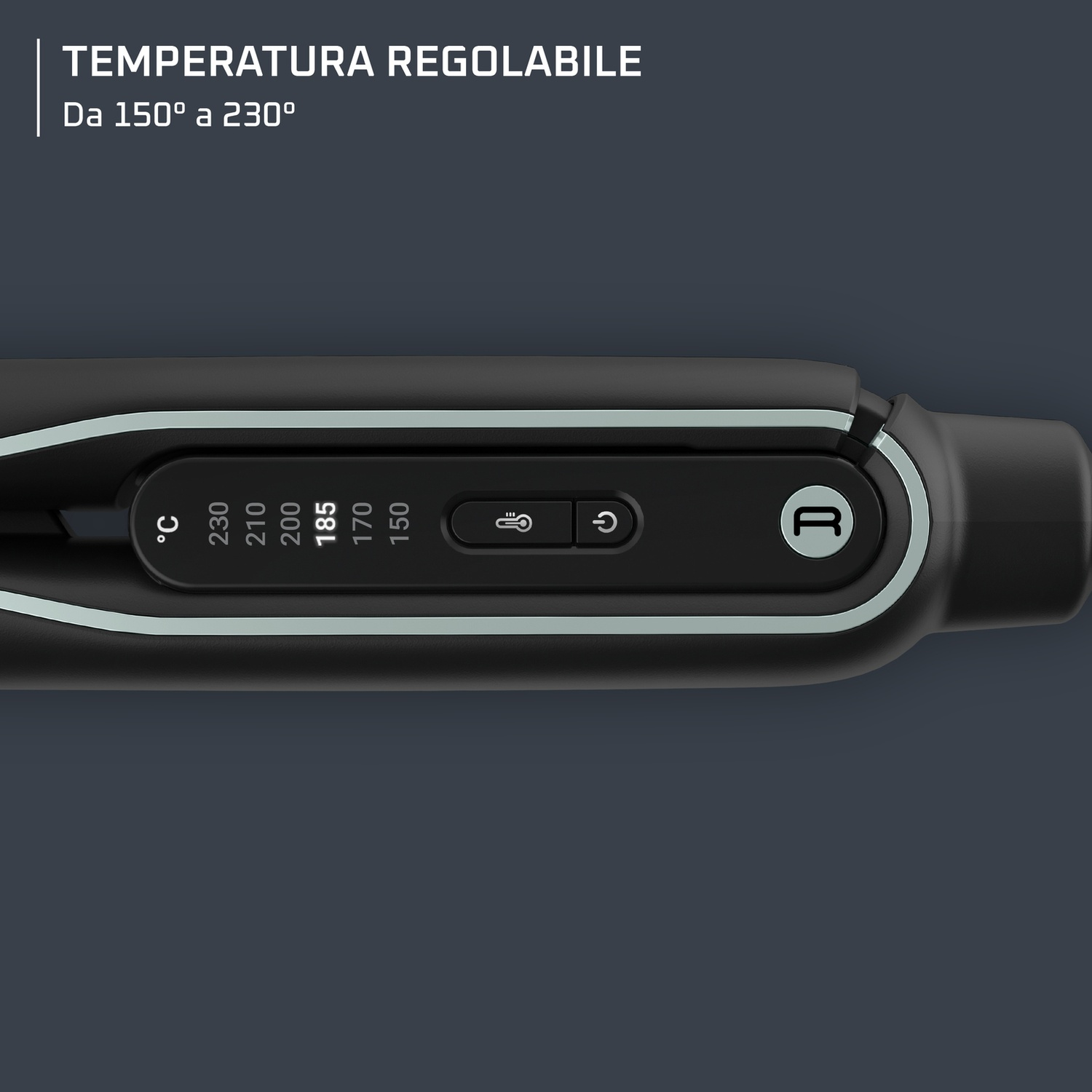 Primo piano di una piastra per capelli nera con impostazioni di temperatura regolabili.