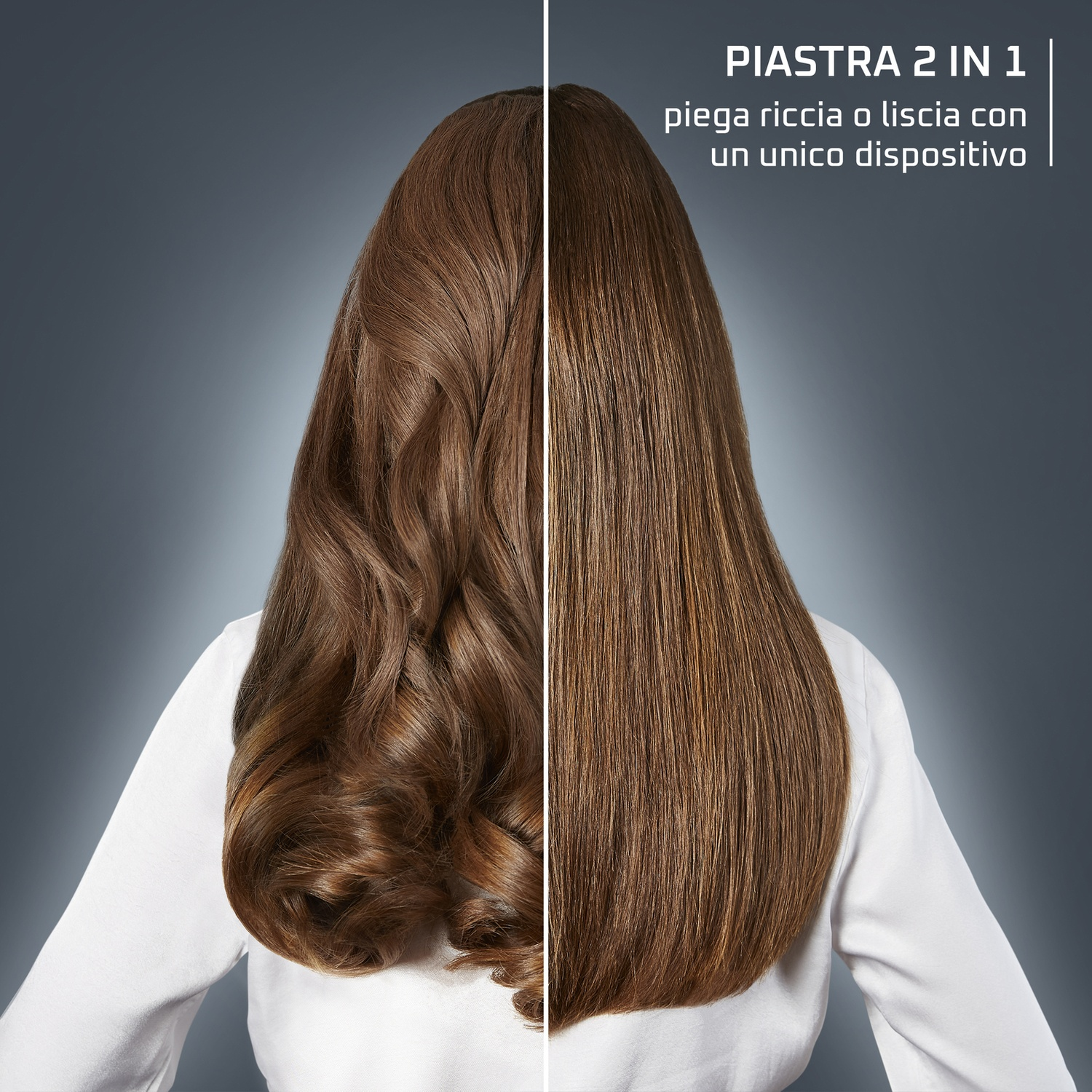 Capelli di donna, un lato riccio, l'altro liscio. Testo: Piastra 2 in 1, capelli ricci o lisci, un dispositivo.