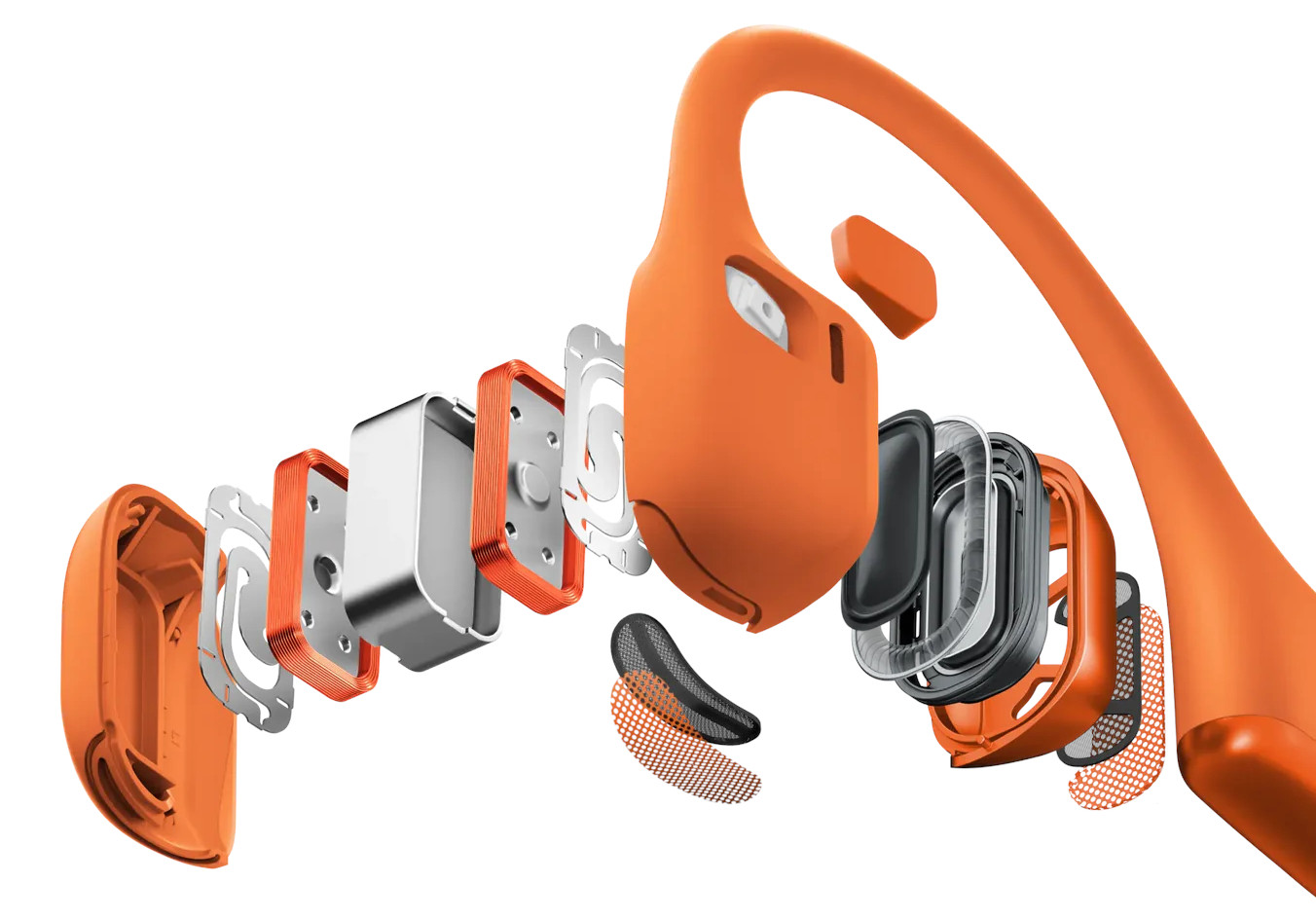 Widok rozłożony pomarańczowych i czarnych słuchawek kostnych, pokazujący elementy wewnętrzne.