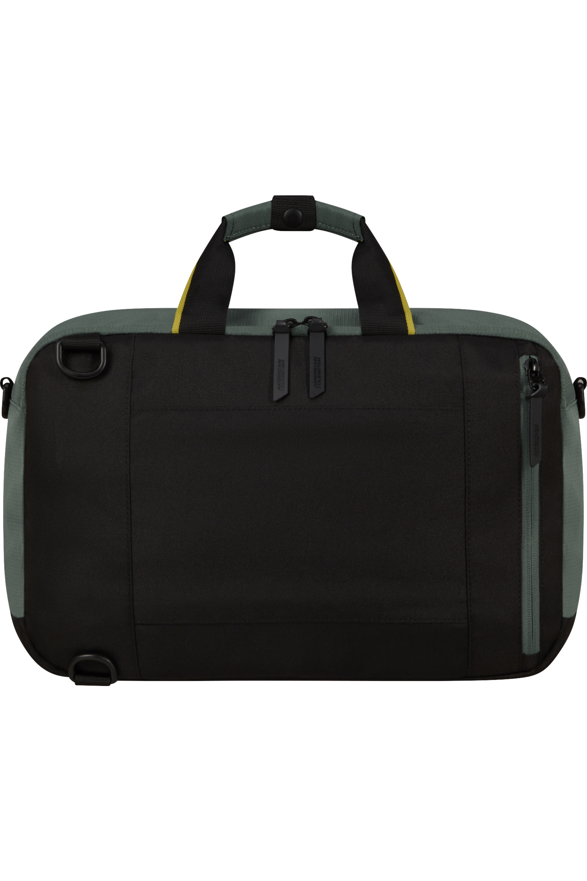Egy fekete-szürke laptop táska sárga díszítéssel, fekete háttéren.