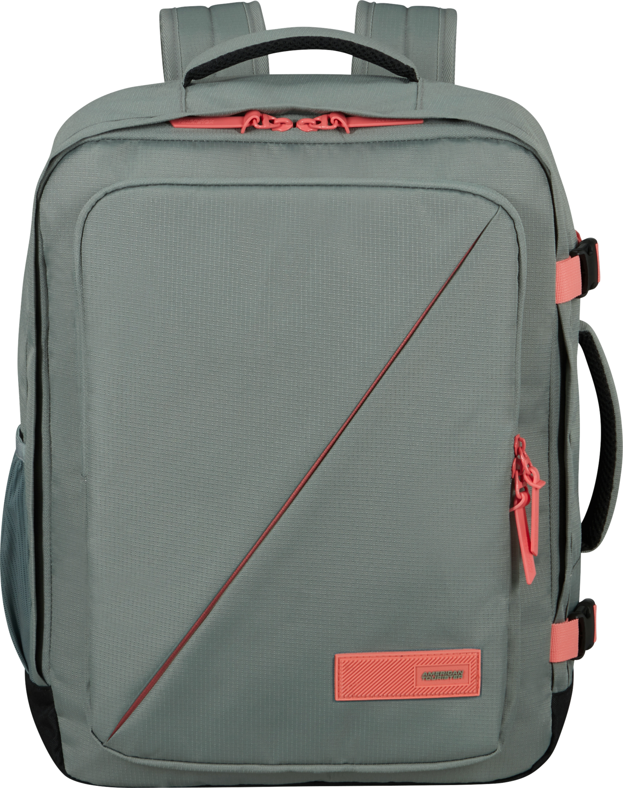 Szürke hátizsák piros díszítéssel, piros átlós vonallal és American Tourister logóval.