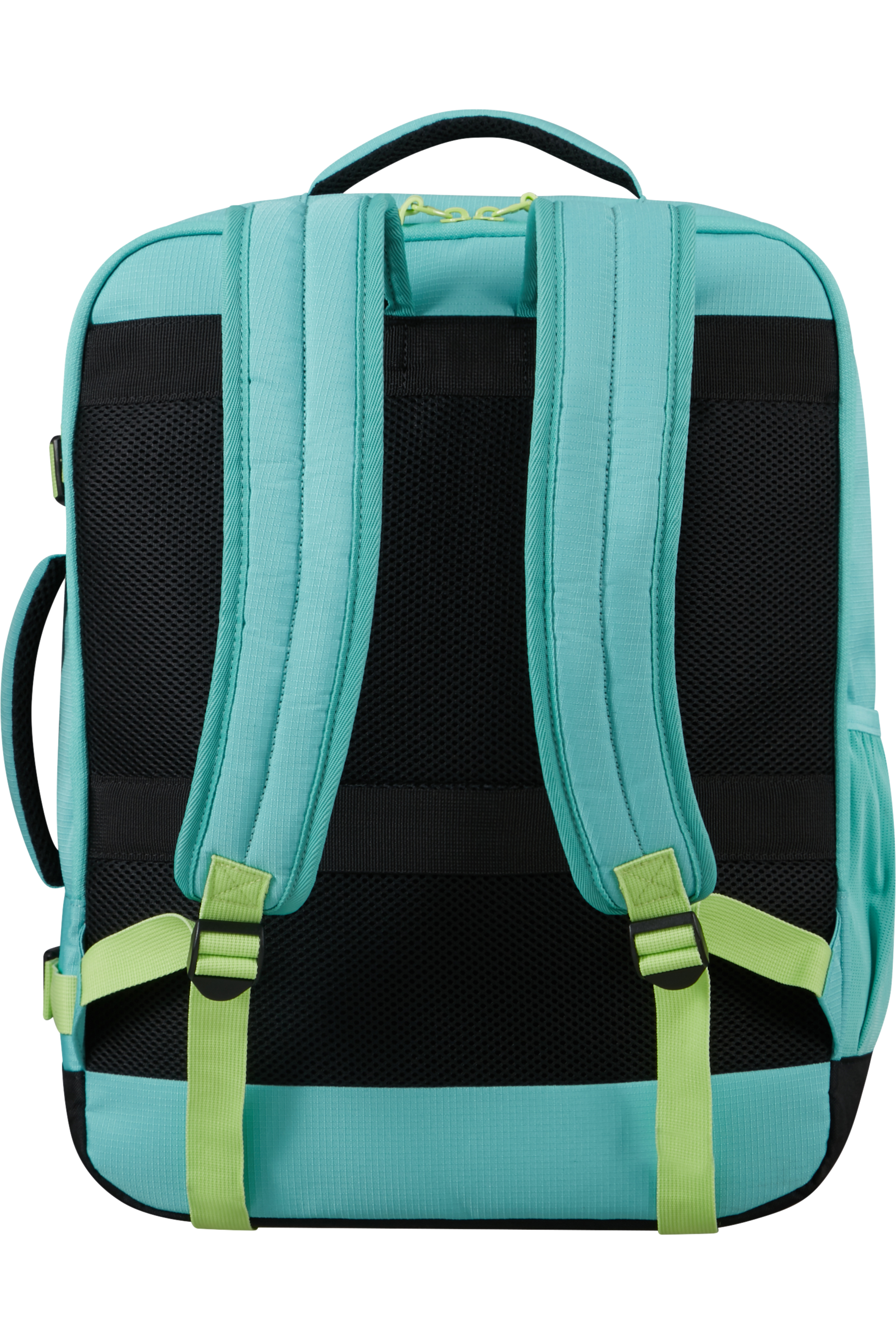 Hátizsák, türkiz színű, fekete hálós hát, zöld pántok és díszítések. Samsonite logó látható.