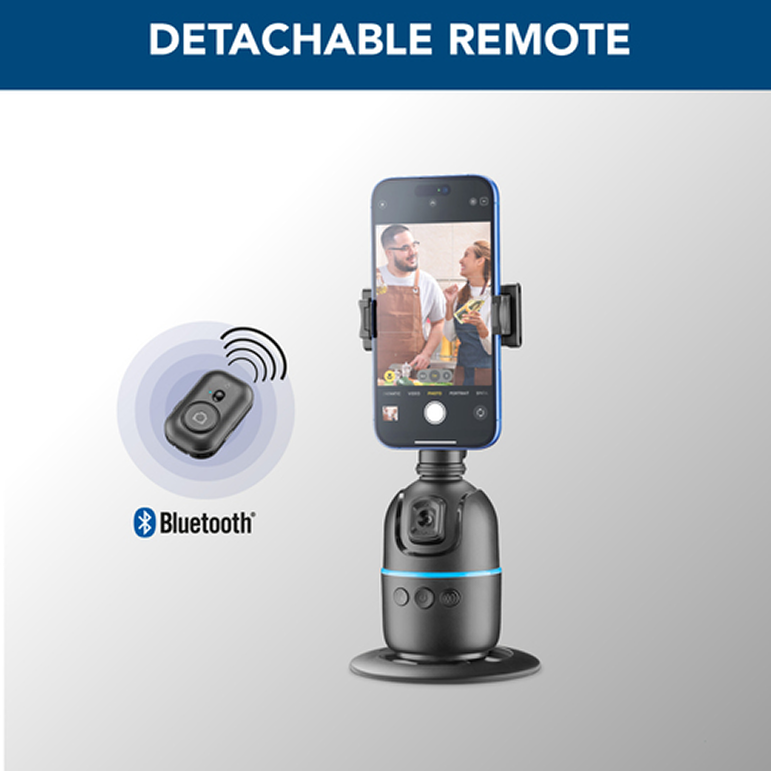 Un mando a distancia Bluetooth y un smartphone montado en un dispositivo negro. Texto de mando a distancia en la parte superior.