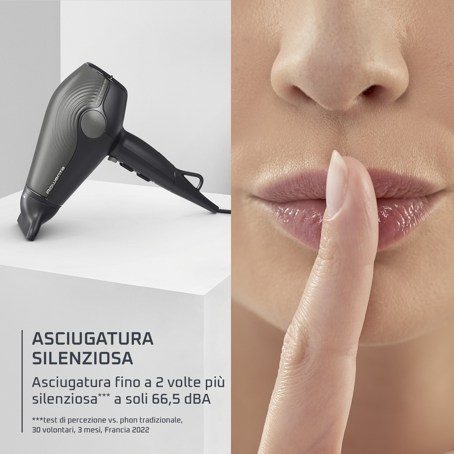 Asciugacapelli e dito sulle labbra, testo sull'asciugatura silenziosa.
