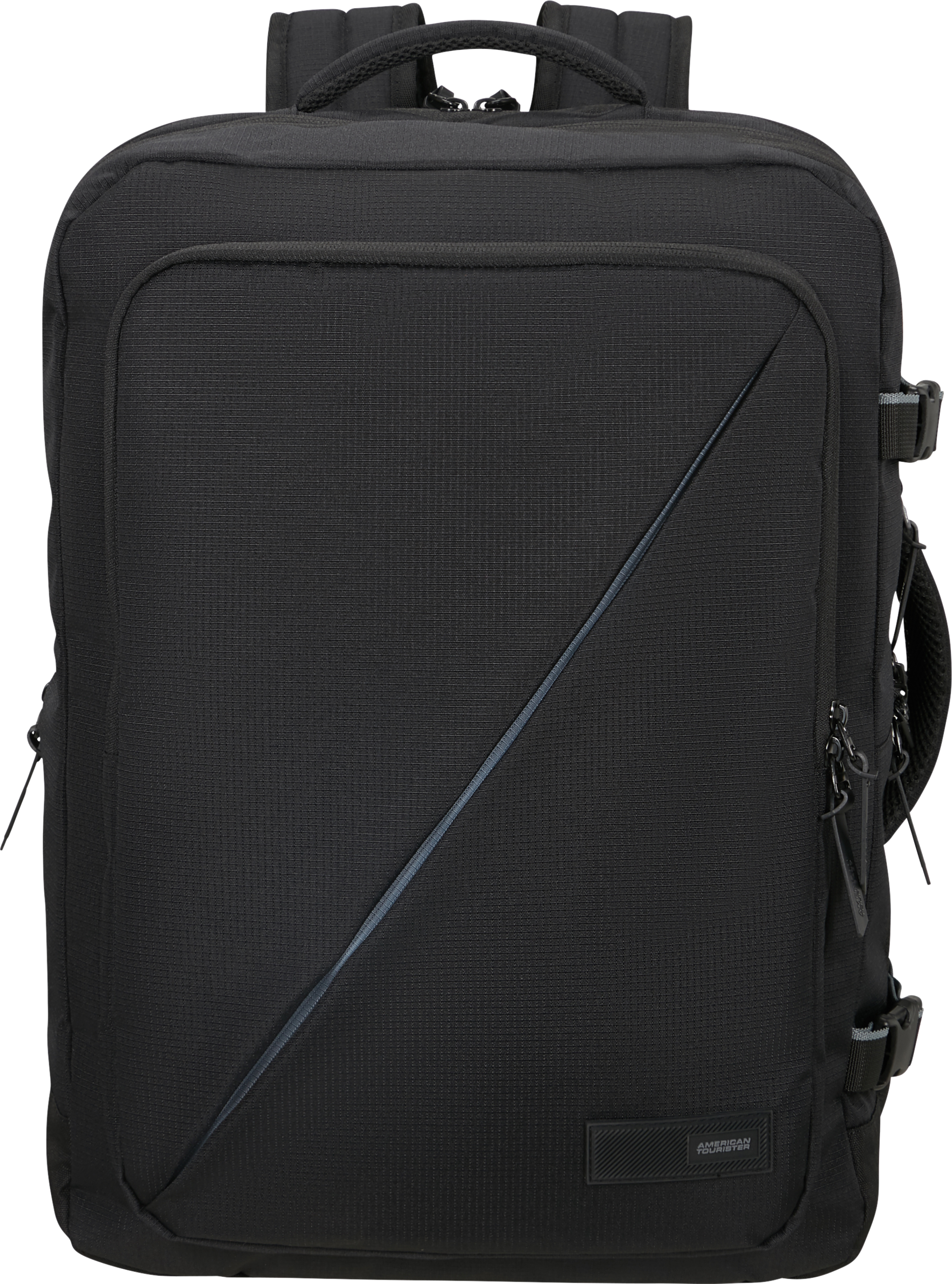 Egy fekete American Tourister hátizsák. Elöl átlós mintázattal, felül fogantyúval.
