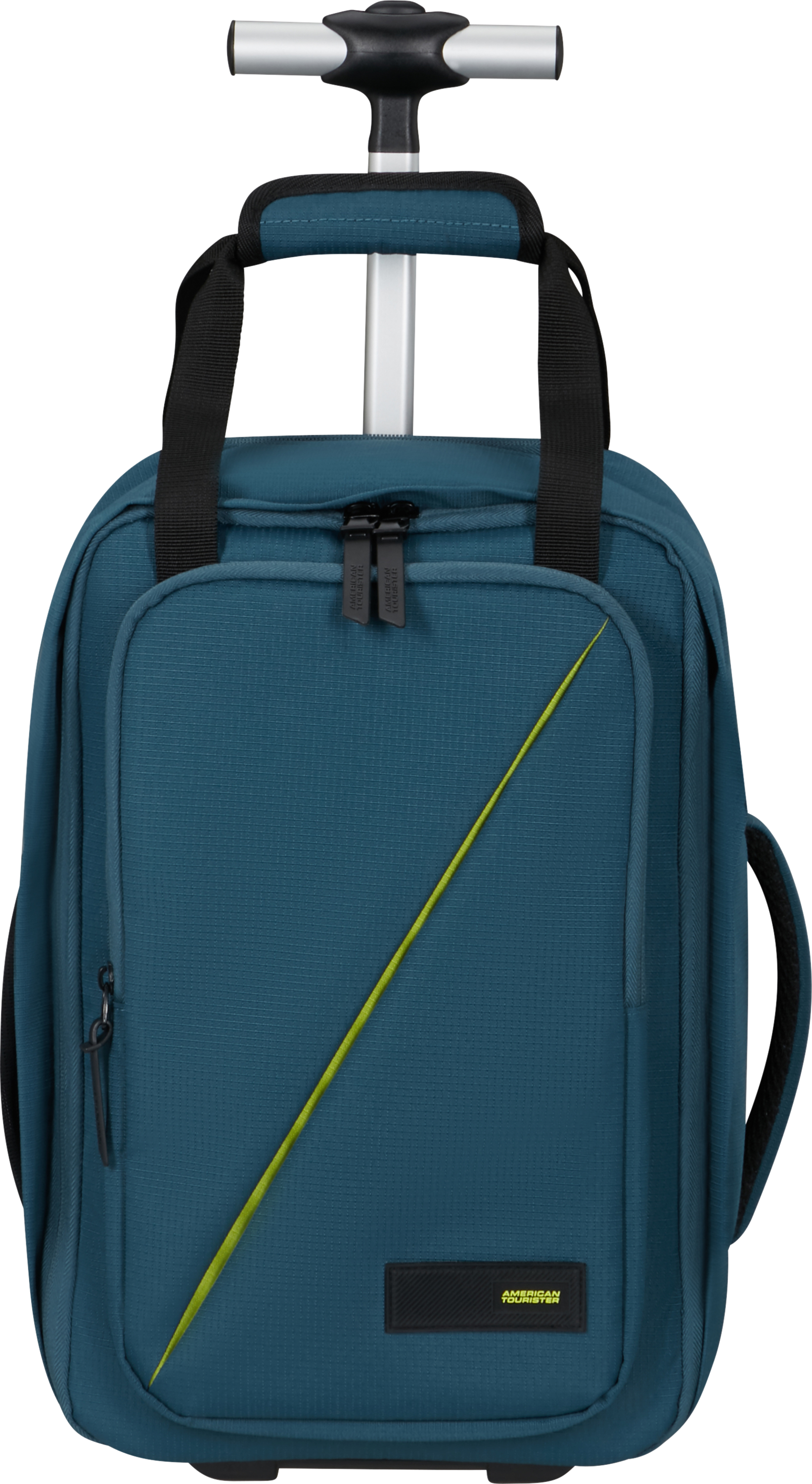 Türkiz American Tourister gurulós kézipoggyász sárga díszítővonallal.