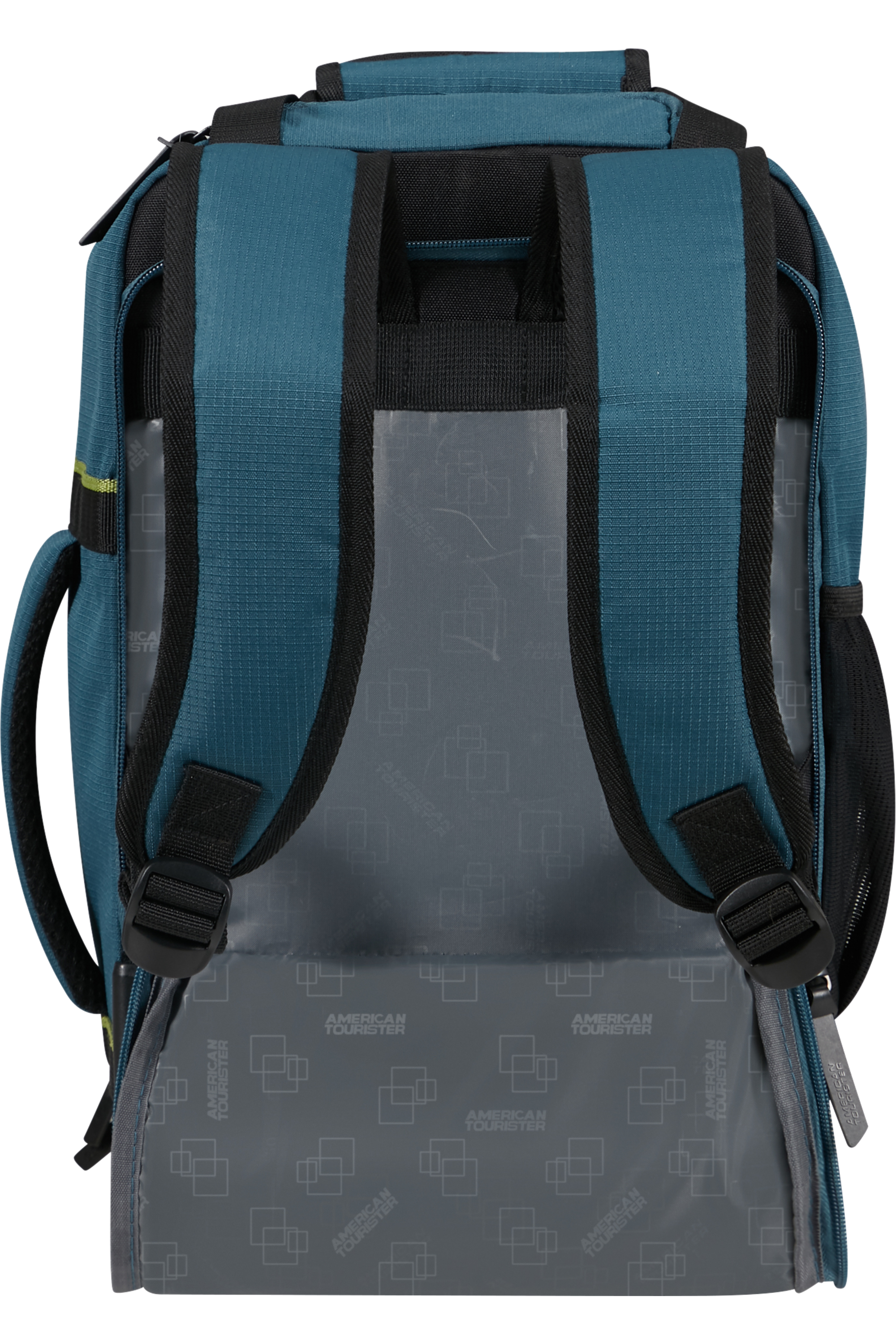 Türkiz hátizsák, nyitott, látható belső tér. Szürke belső tér American Tourister logóval. Fekete pántok és cipzár láthatók.