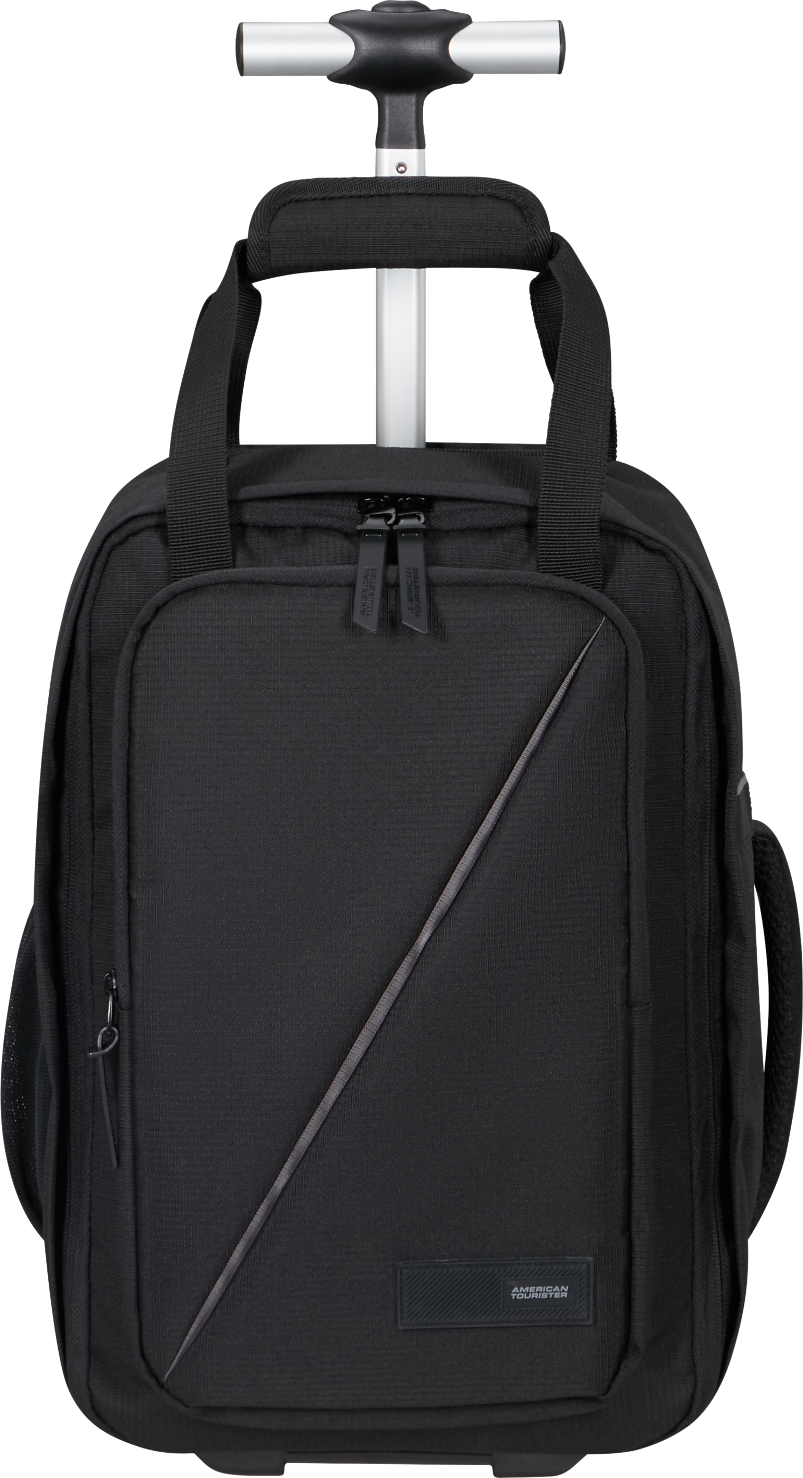 Egy fekete American Tourister gurulós hátizsák ezüst átlós csíkkal és húzókarral.