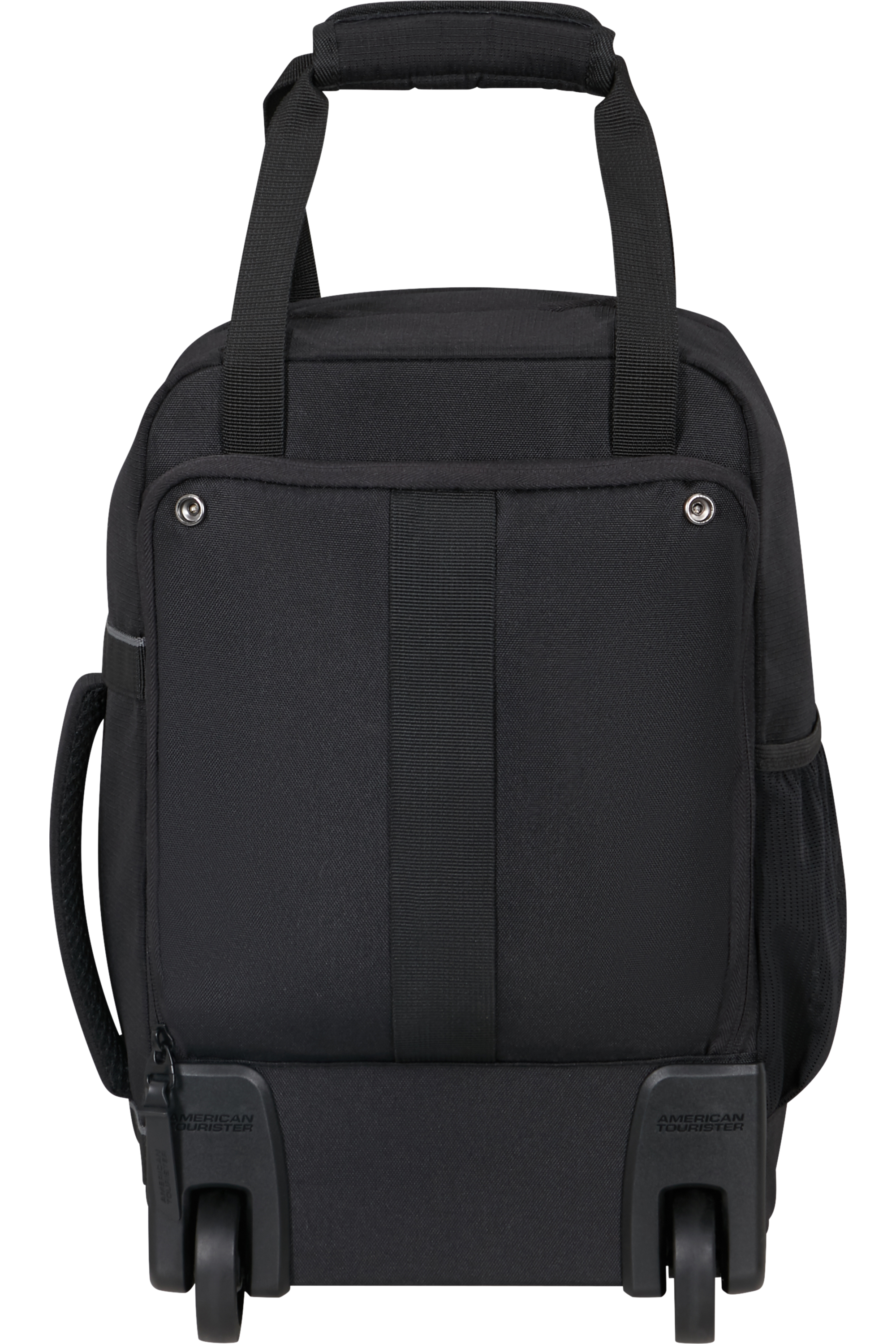 Egy fekete American Tourister gurulós bőrönd, hátulról nézve.