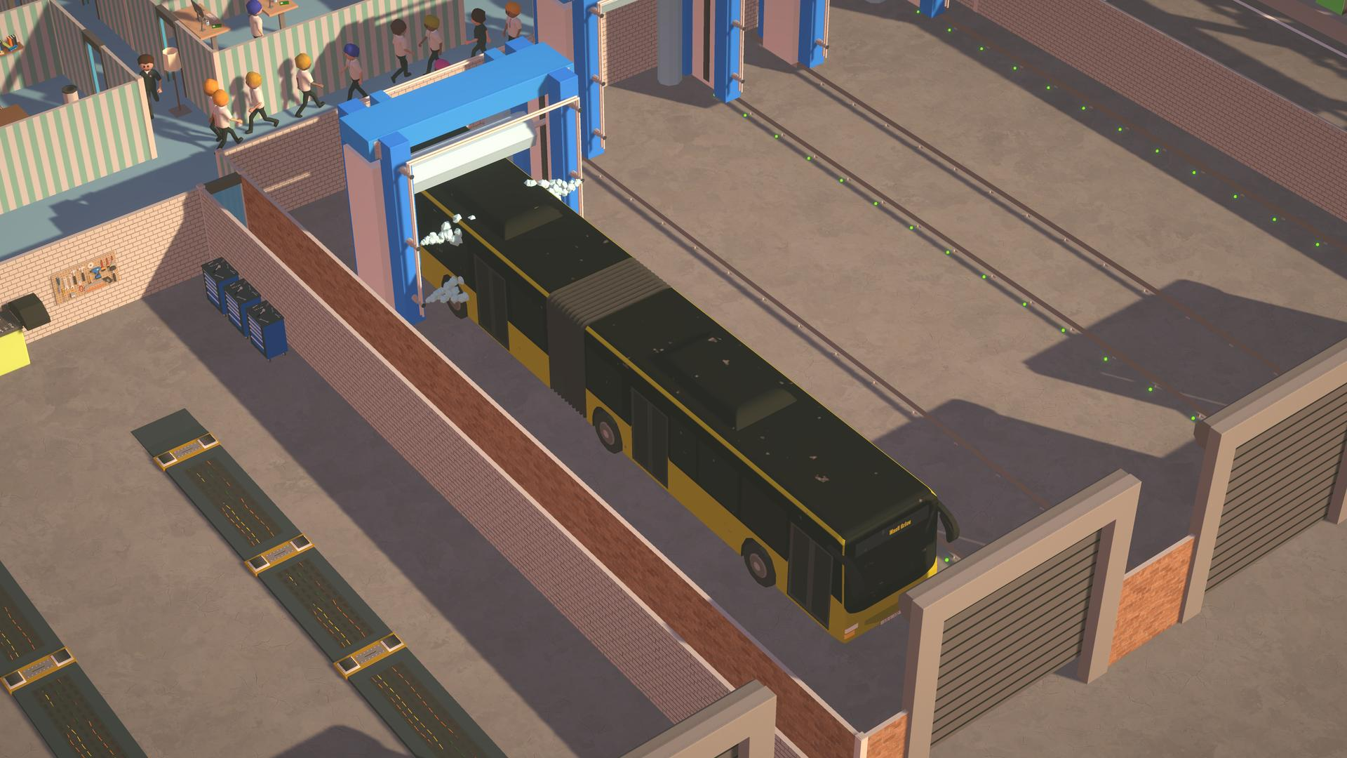 Ein Bus wird in einer Waschanlage gewaschen. Arbeiter und andere Autos sind im Hintergrund.