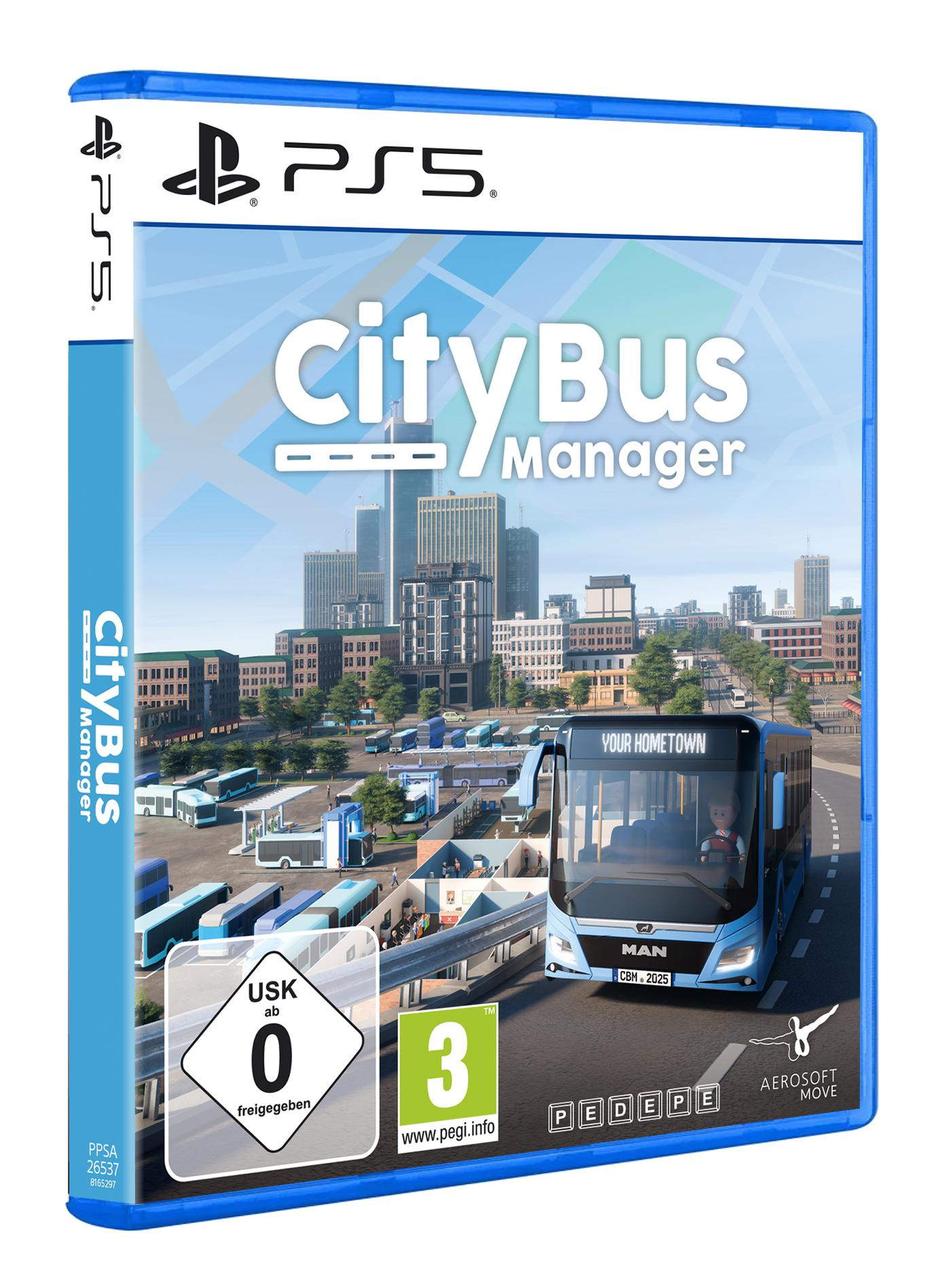 PS5-Spielbox. CityBus Manager mit Busgrafik und Stadtlandschaft im Hintergrund.
