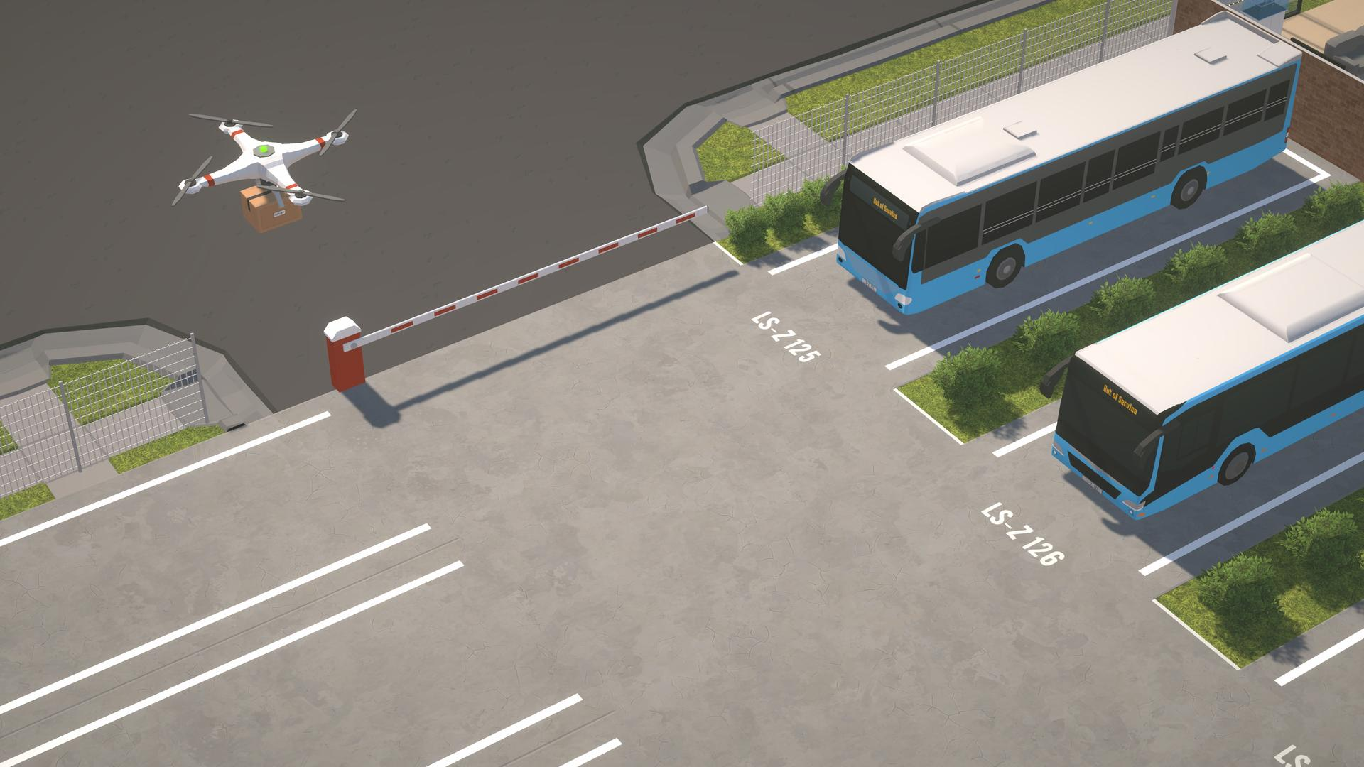 Drohne liefert ein Paket in der Nähe von Bussen, die auf einem Parkplatz mit Schranke geparkt sind.