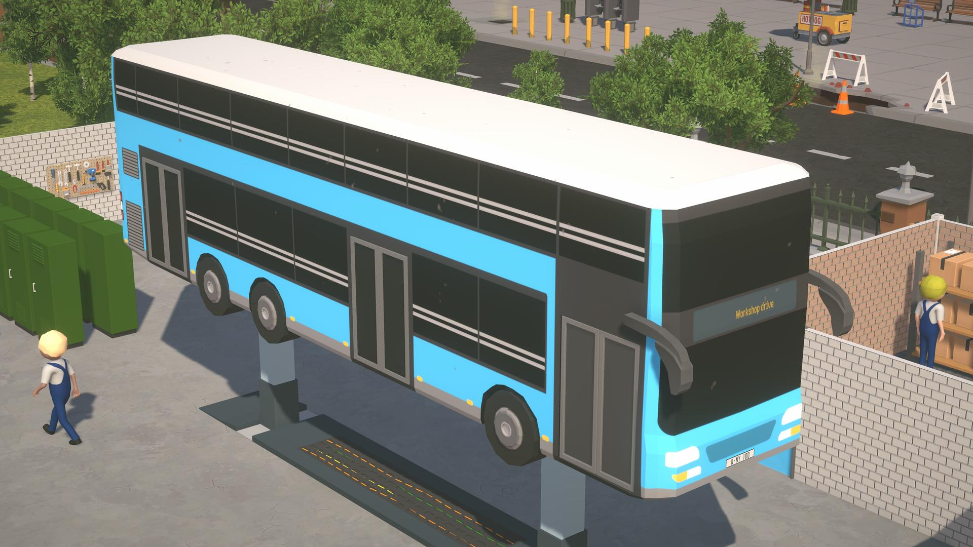 Animiertes Bild mit einem blauen Doppeldeckerbus.
