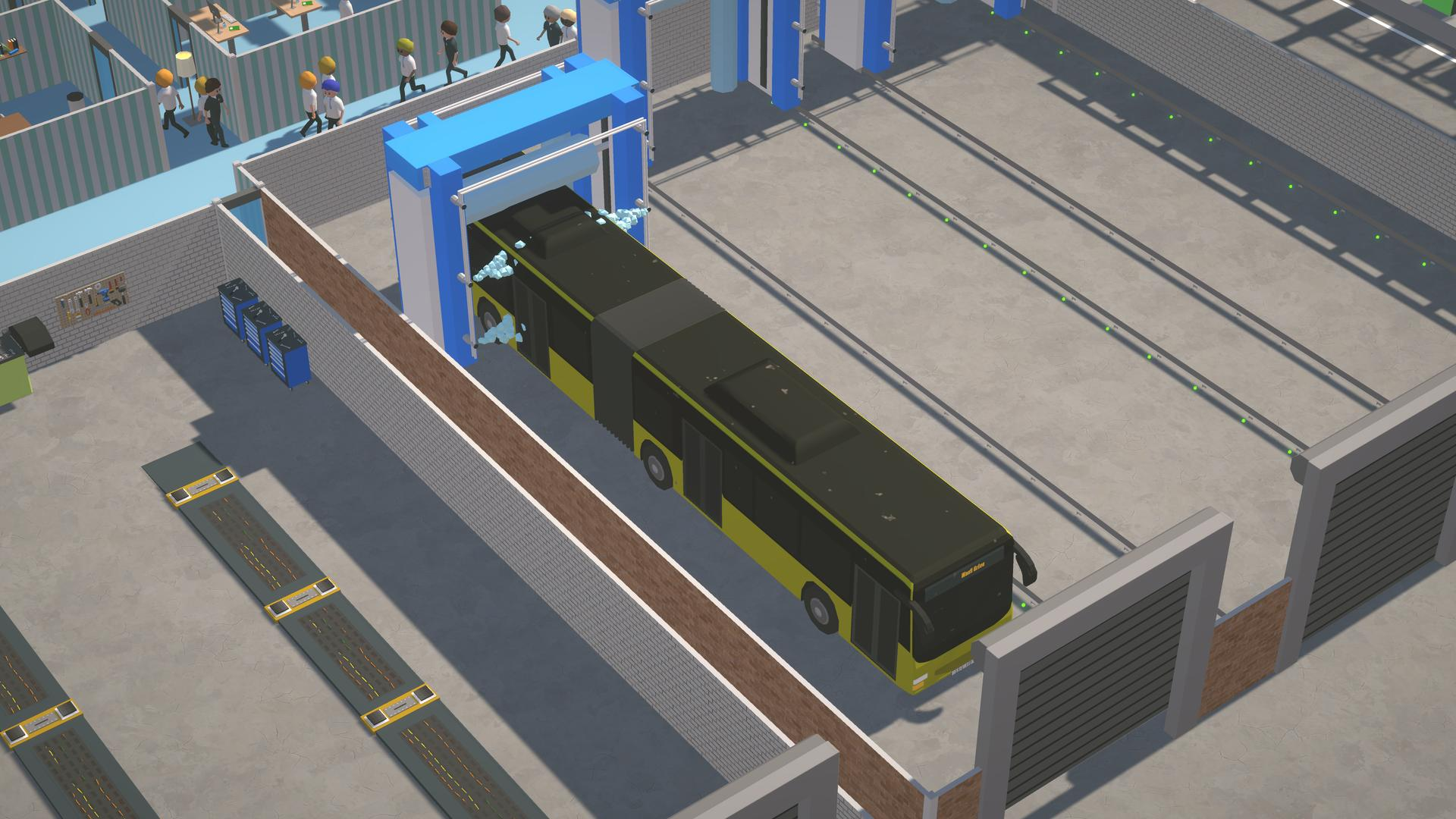 Isometrische Ansicht einer Buswaschanlage mit einem gelben Bus. Menschen im Hintergrund.