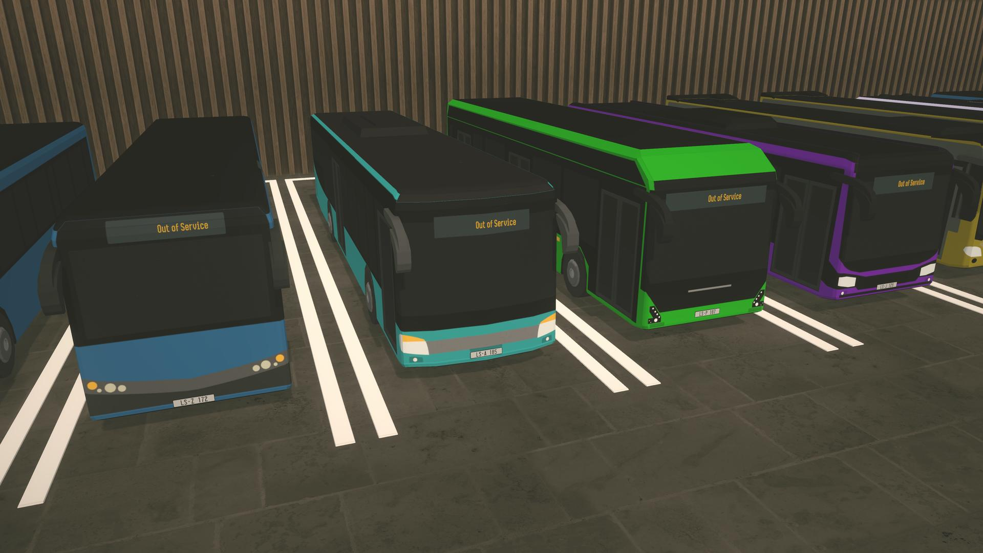 Eine Reihe von Bussen geparkt. Einige sind schwarz, grün und andere blau. Alle haben das Wort "Außer Betrieb" angezeigt.