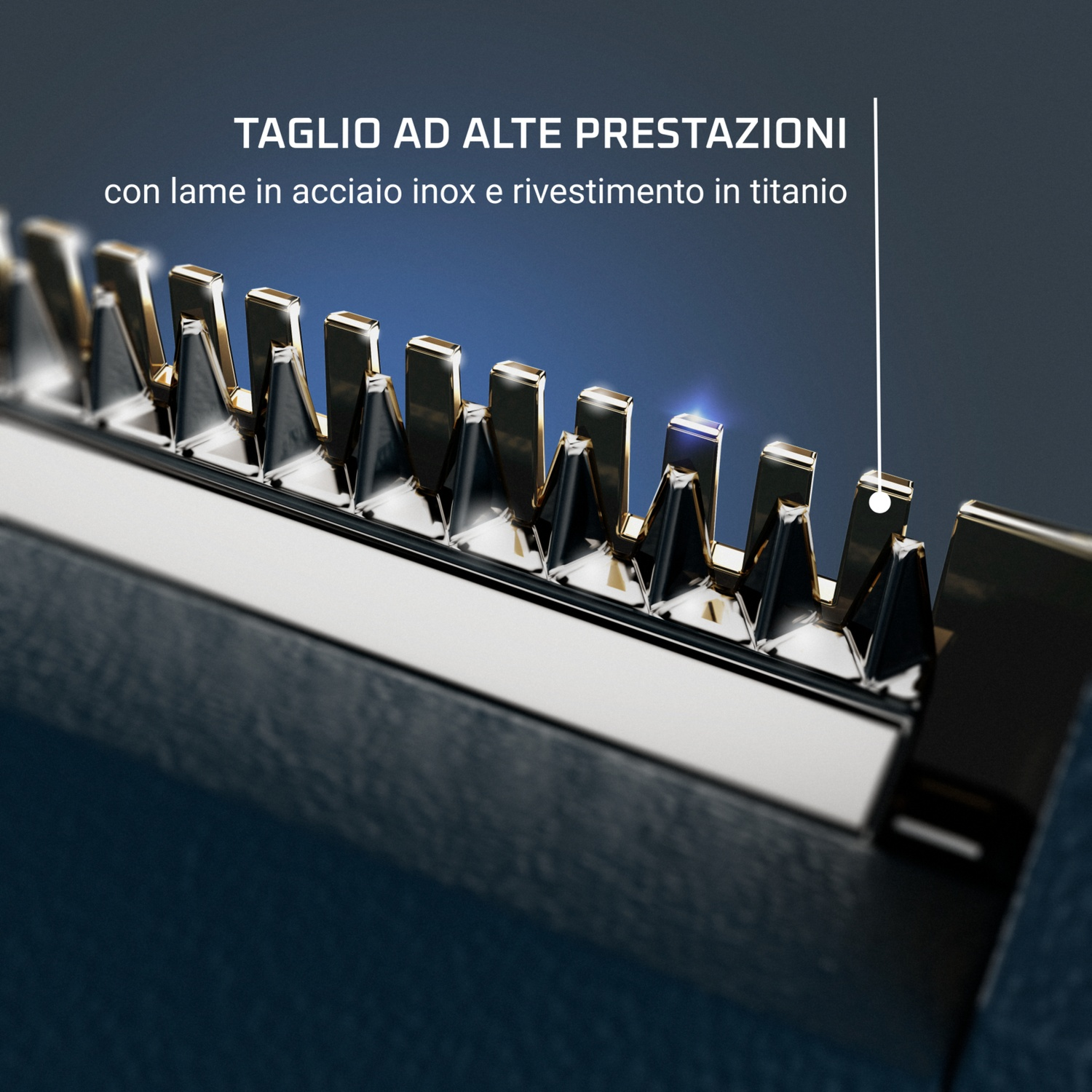 Primo piano di lame di rasoio con rivestimento in titanio, testo 'Taglio ad alte prestazioni' in italiano.