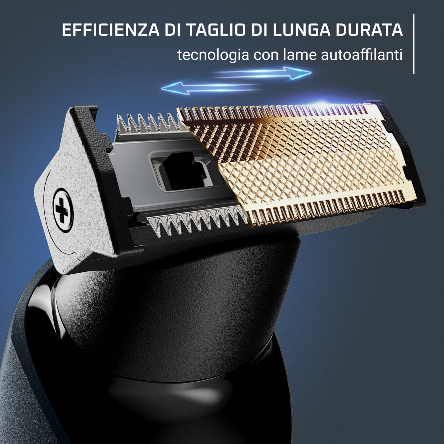Primo piano di una lama del rasoio con tecnologia autoaffilante. Colori metallici e neri.