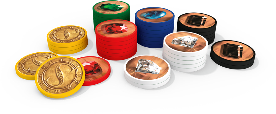 Żetony do gry Splendor. Kilka stosów różnokolorowych żetonów, z klejnotami na wierzchu. Czarne tło.