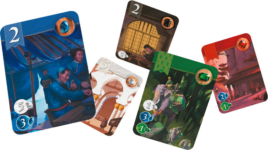 Gra karciana Splendor. Kilka kart z ilustracjami. Czarne tło.