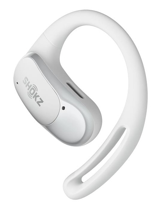 Biały słuchawka przewodnictwa kostnego Shokz. Srebrna sekcja i haczyk na ucho. Białe tło.