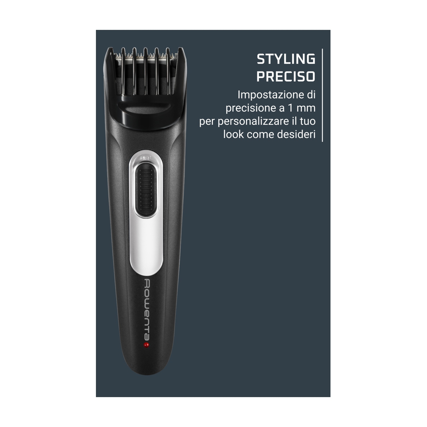Regolabarba nero con dettagli di styling su sfondo grigio scuro.
