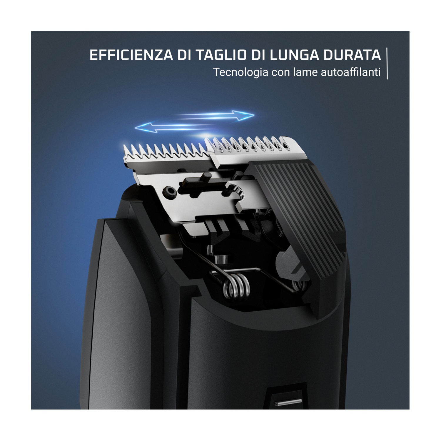 Primo piano di una testina di rasoio elettrico nero e argento. Frecce blu indicano il movimento della lama.