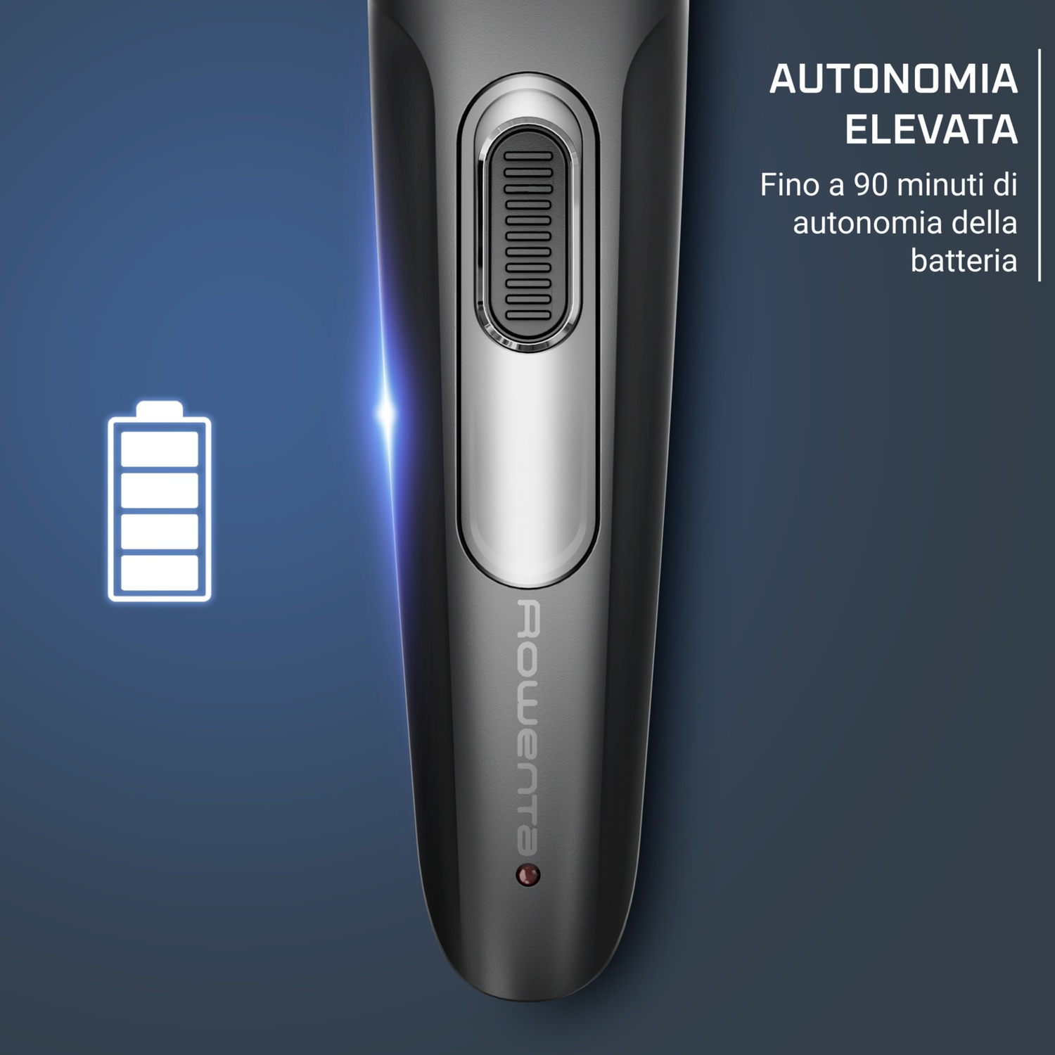 Dispositivo per la cura del corpo nero e argento. Testo: "ALTA AUTONOMIA" e "Fino a 90 minuti di autonomia".