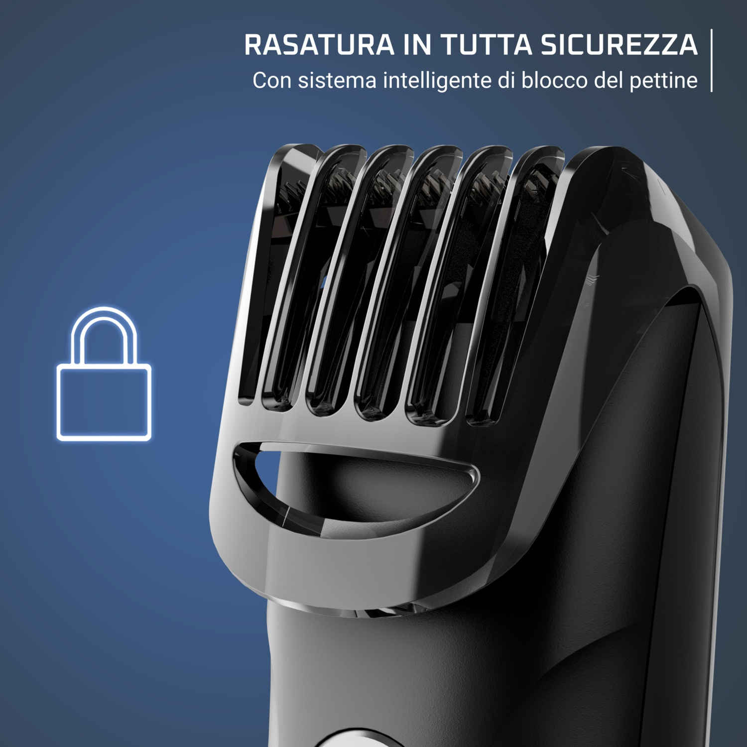 Primo piano di una testina del rasoio con lame e un simbolo di lucchetto.