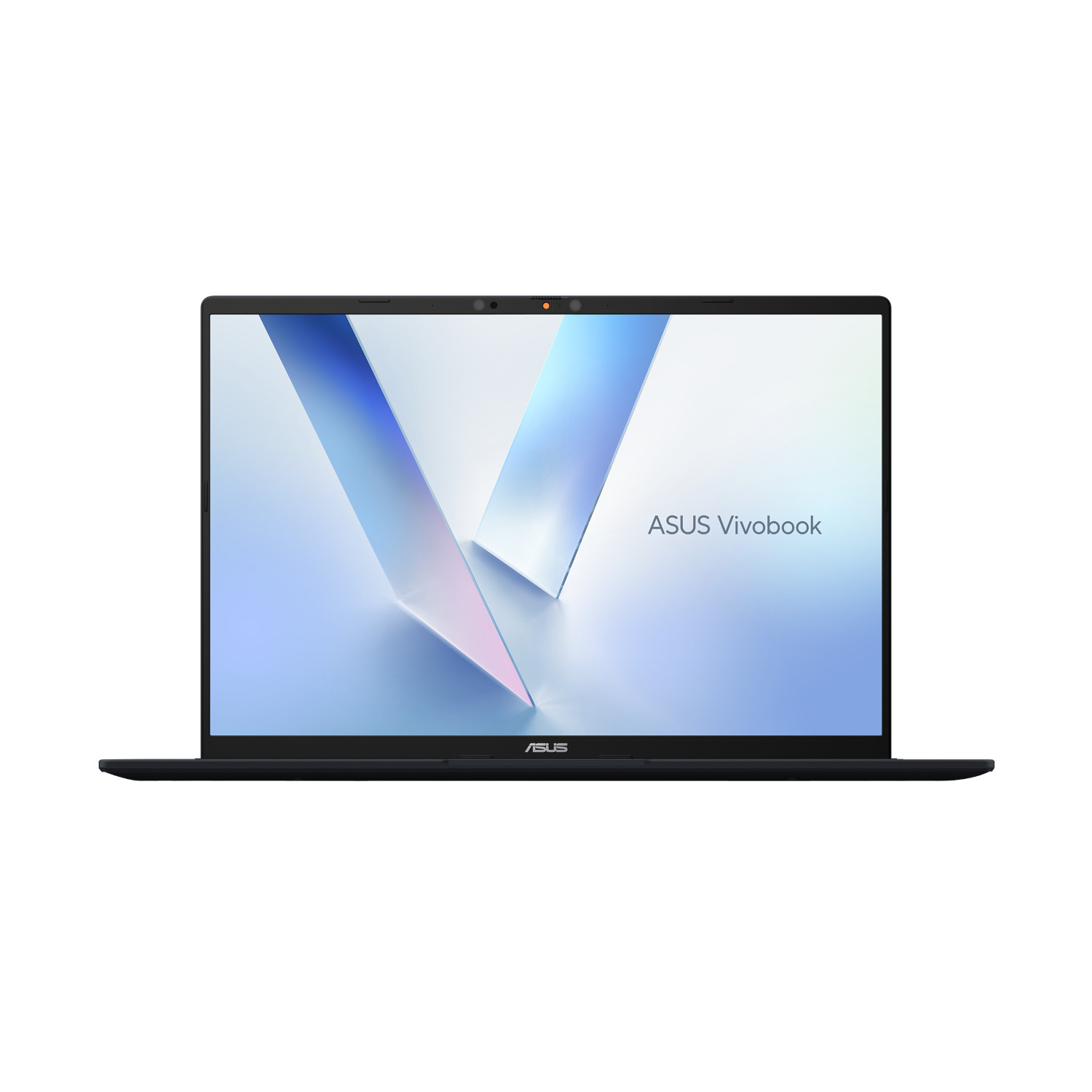 Black ASUS Vivobook laptop open, showing a light blue and white gradient screen.