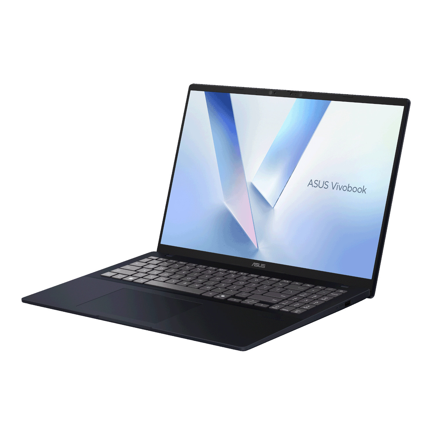 Blue ASUS Vivobook laptop with a white screen.