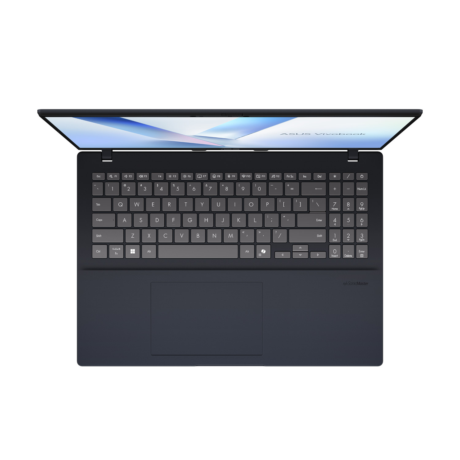 A laptop, top-down view, is shown with the screen open and keyboard visible.