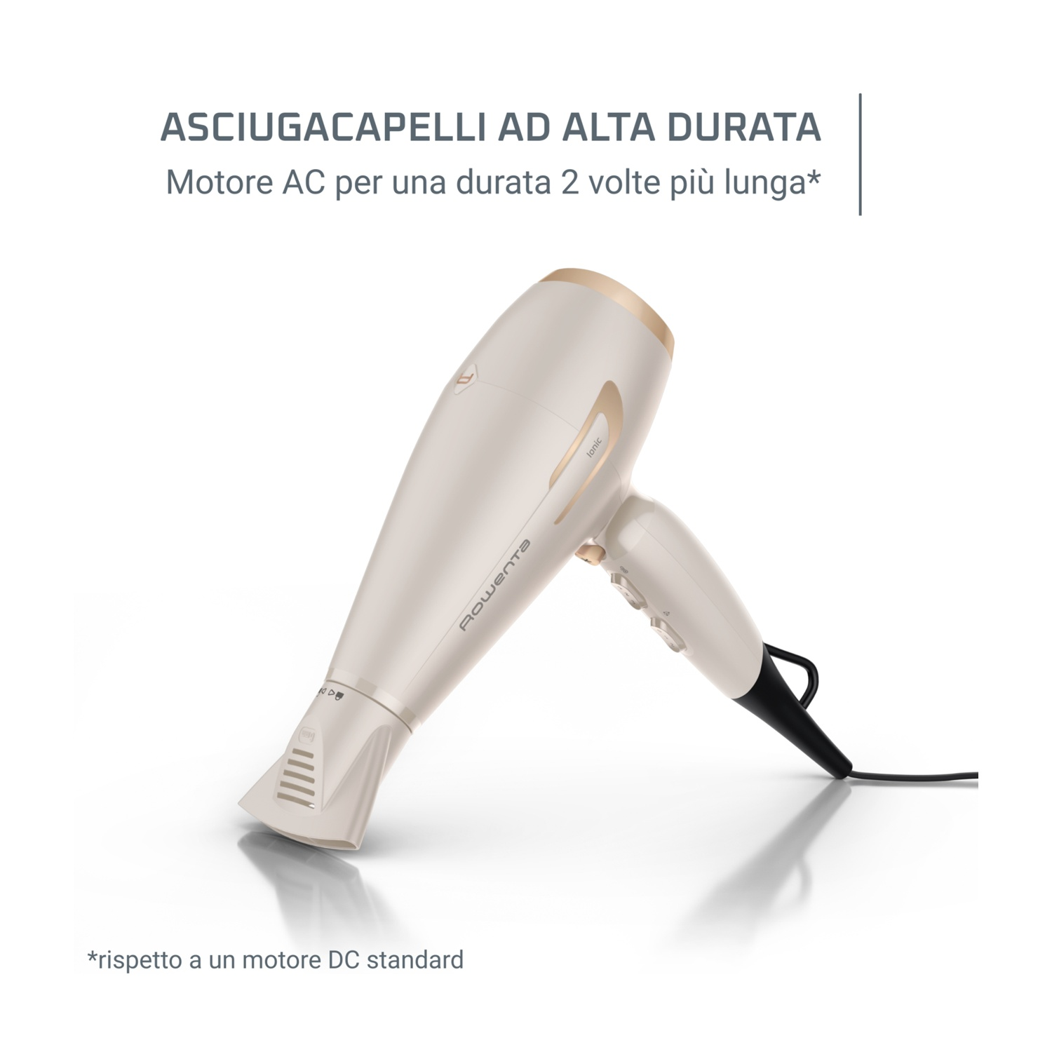 Asciugacapelli bianco e oro su superficie bianca, testo sul motore AC e durata.