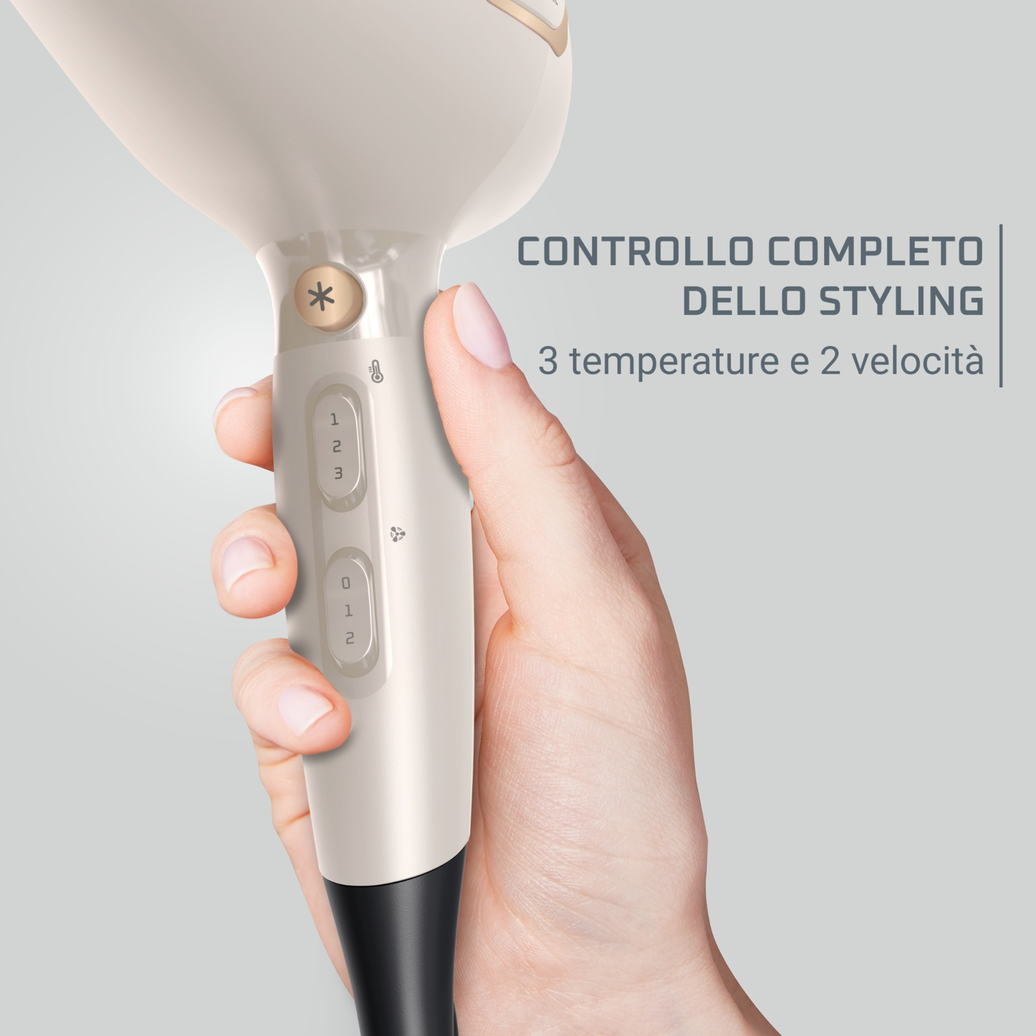 Mano che tiene un asciugacapelli. Testo: 'CONTROLLO COMPLETO DELLO STYLING'.