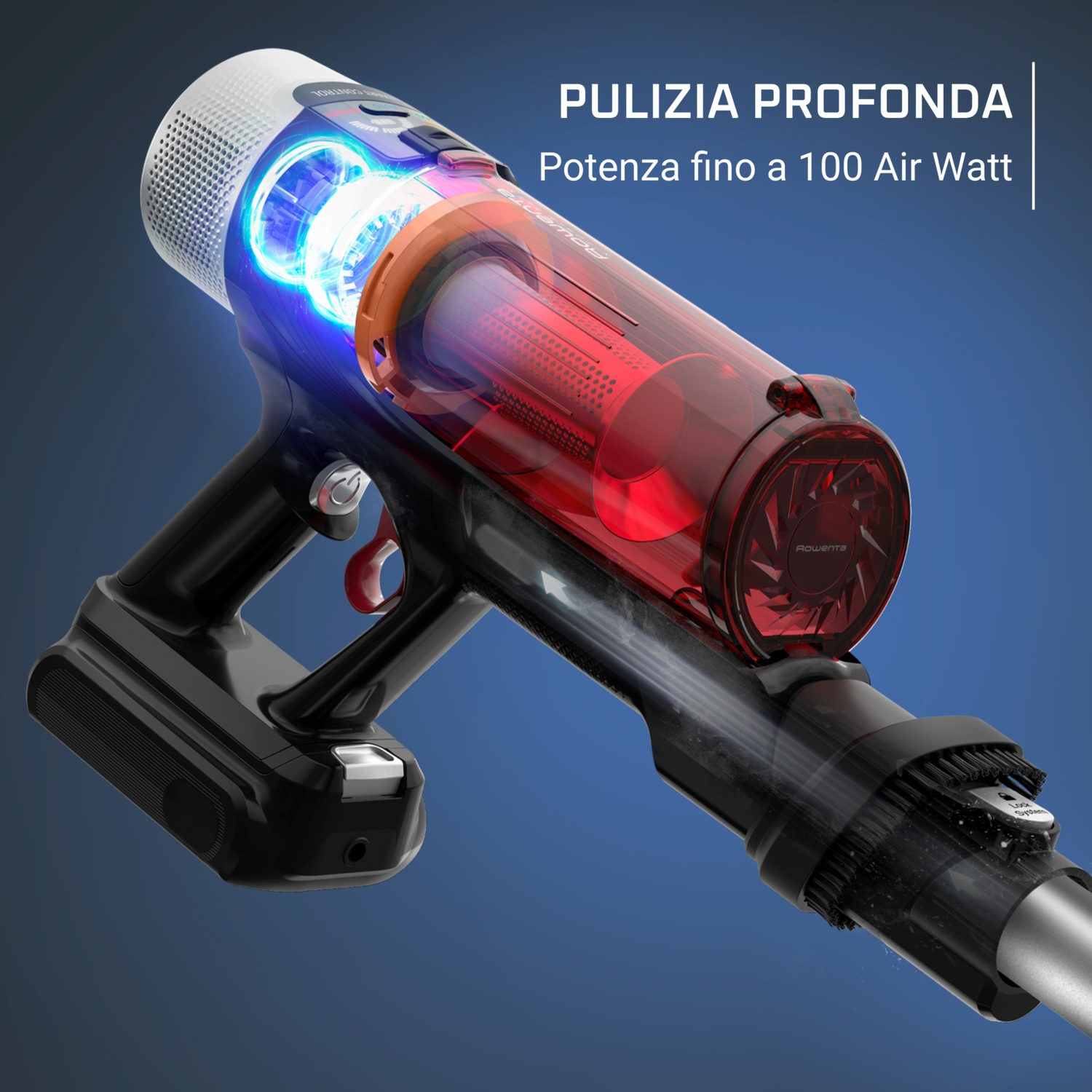 Aspirapolvere senza fili, che mostra i componenti interni e i dettagli del filtro rosso.