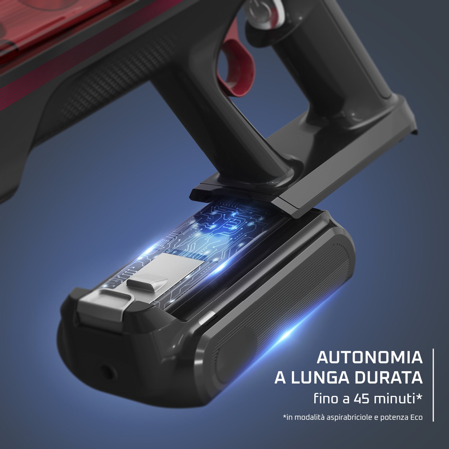 Parte nera dell'aspirapolvere con batteria e testo: AUTONOMIA A LUNGA DURATA.