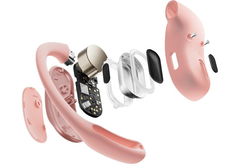 Rozłożona słuchawka douszna, pokazująca wewnętrzne komponenty i różowe elementy zewnętrzne.