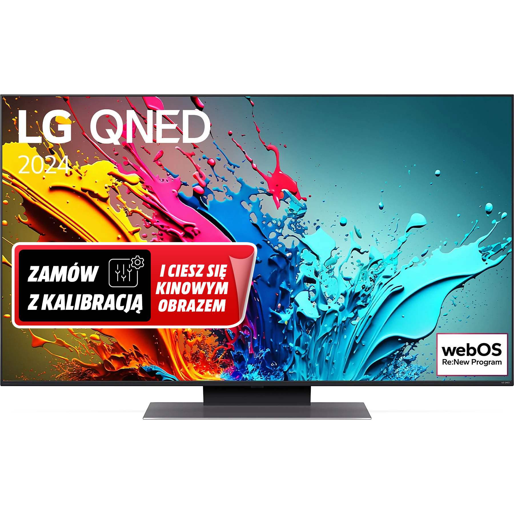Telewizor LG QNED z kolorowym wzorem i czerwoną etykietą.