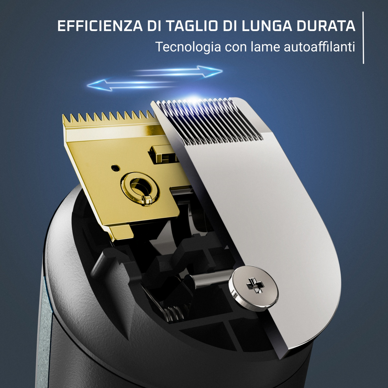 Primo piano di una testina del rasoio. Le lame sono metalliche e dorate. Testo in alto: efficienza di taglio di lunga durata.
