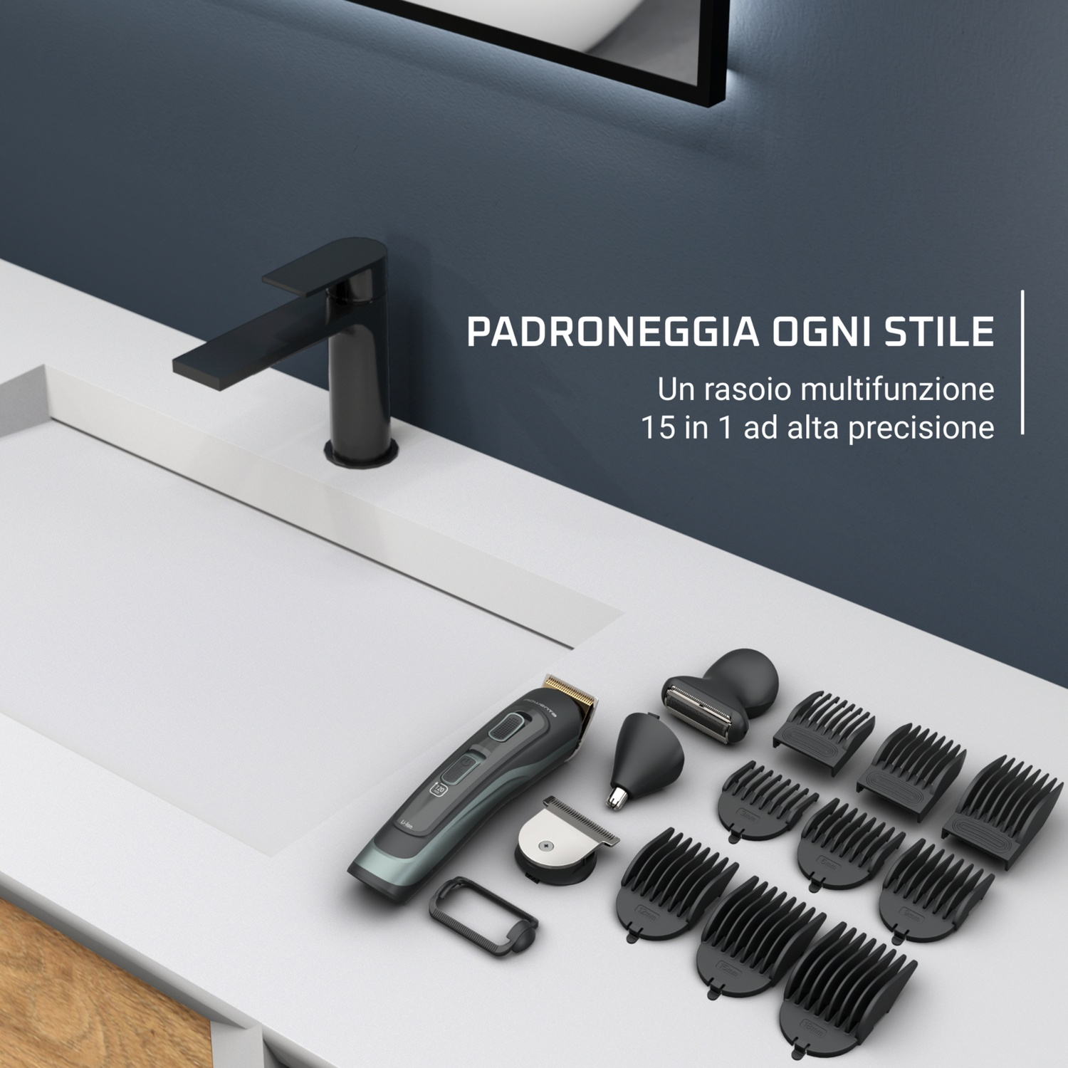 Set per la cura personale con trimmer, accessori e vari attacchi a pettine su una superficie bianca.