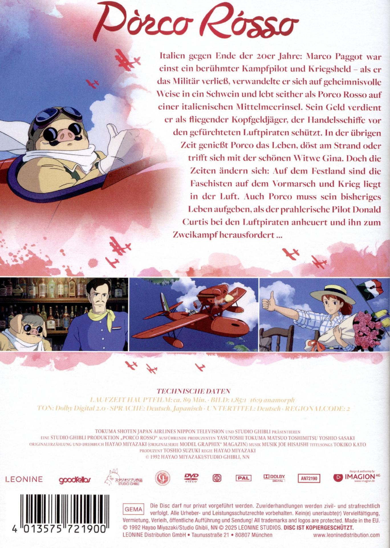 Filmcover von 'Porco Rosso' mit einem Schwein, das ein Flugzeug steuert, mit Text und Szenen.