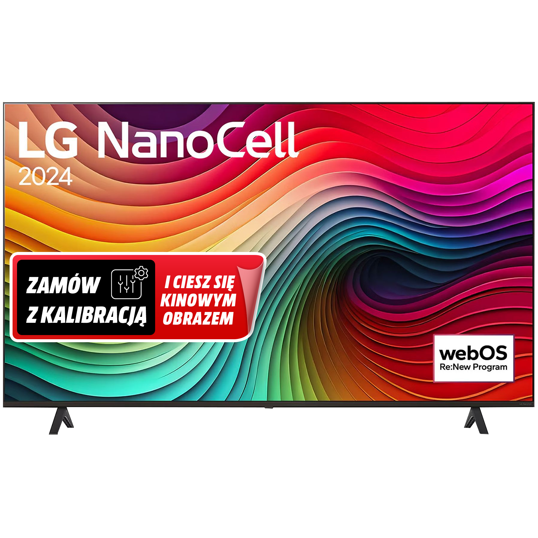 Telewizor LG NanoCell. Kolorowy ekran z tekstem i czerwonym banerem. Czarny stojak.