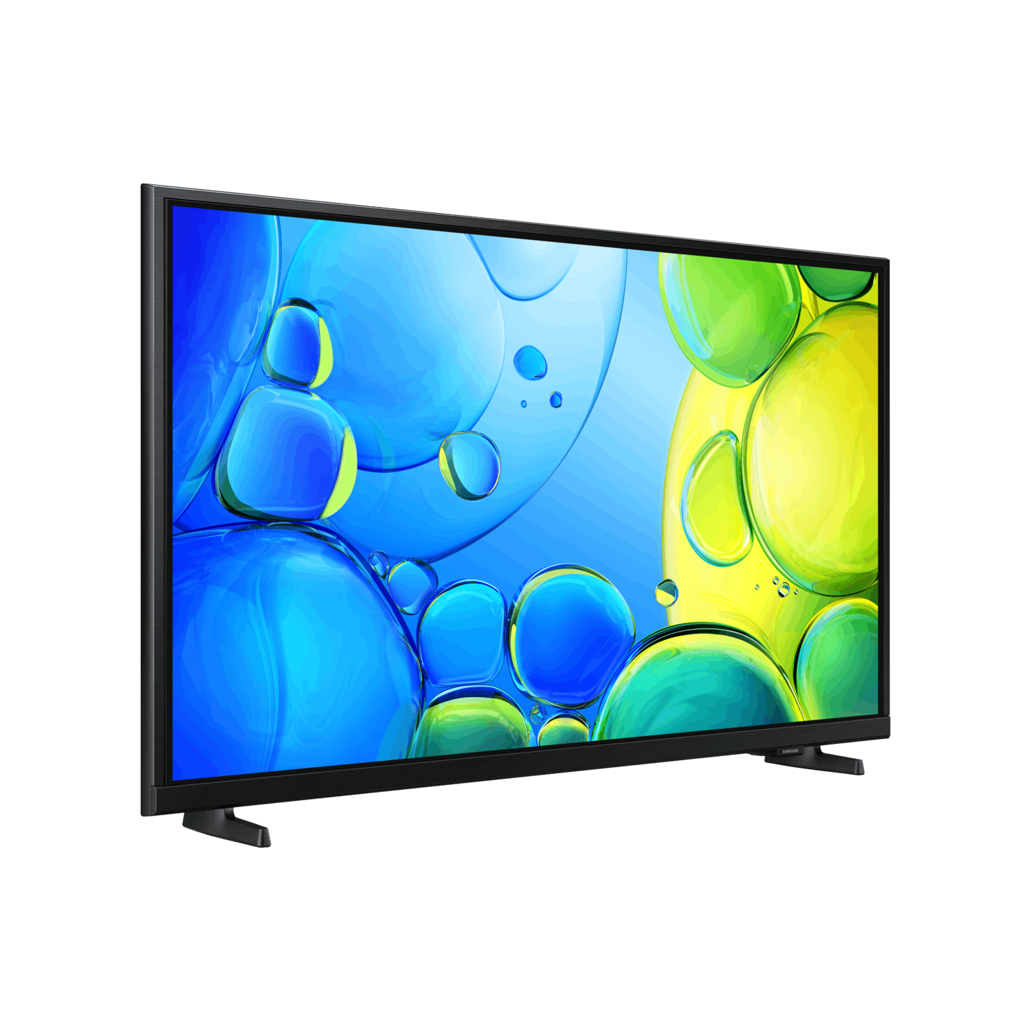 A flat-screen TV displaying abstract blue, green, and yellow bubbles against a black frame.