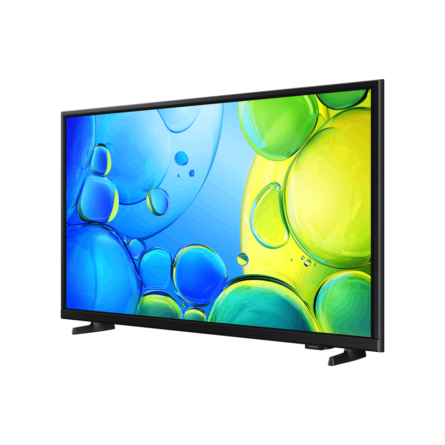 A black TV with colorful, abstract shapes on the screen, standing on a stand.