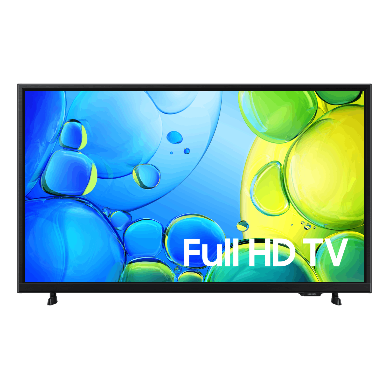 Black TV with black frame, displaying a colorful background with 'Full HD TV' text.