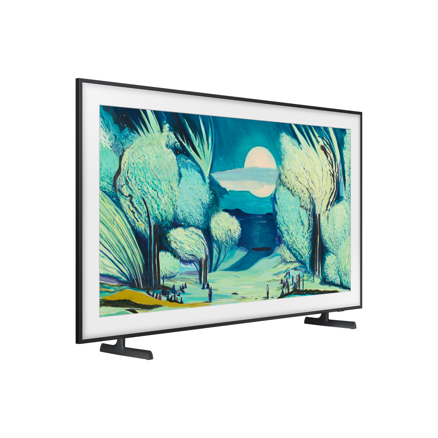 A Samsung TV displaying a colorful image of a landscape painting, on a white background.