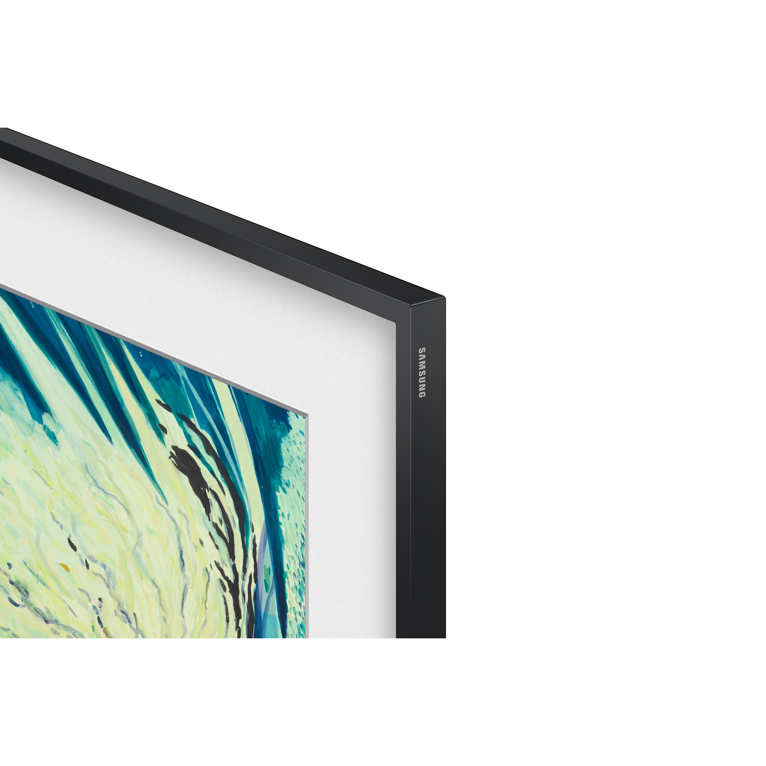 Close-up of a TV frame, black frame with a white border. The name Samsung is visible.